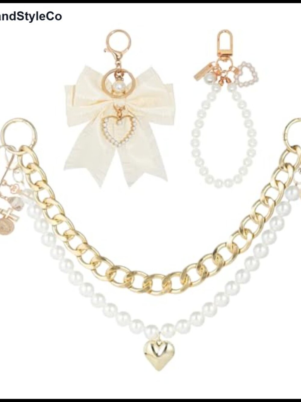 Pearl Chain Bag Charms Set with Bow Keychain, Gold Purse Accessories